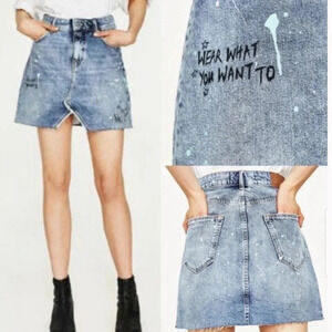 Zara Basic Z1975 Denim Paint Splatter Doodle Mini Jean Raw Hem Skirt Size L